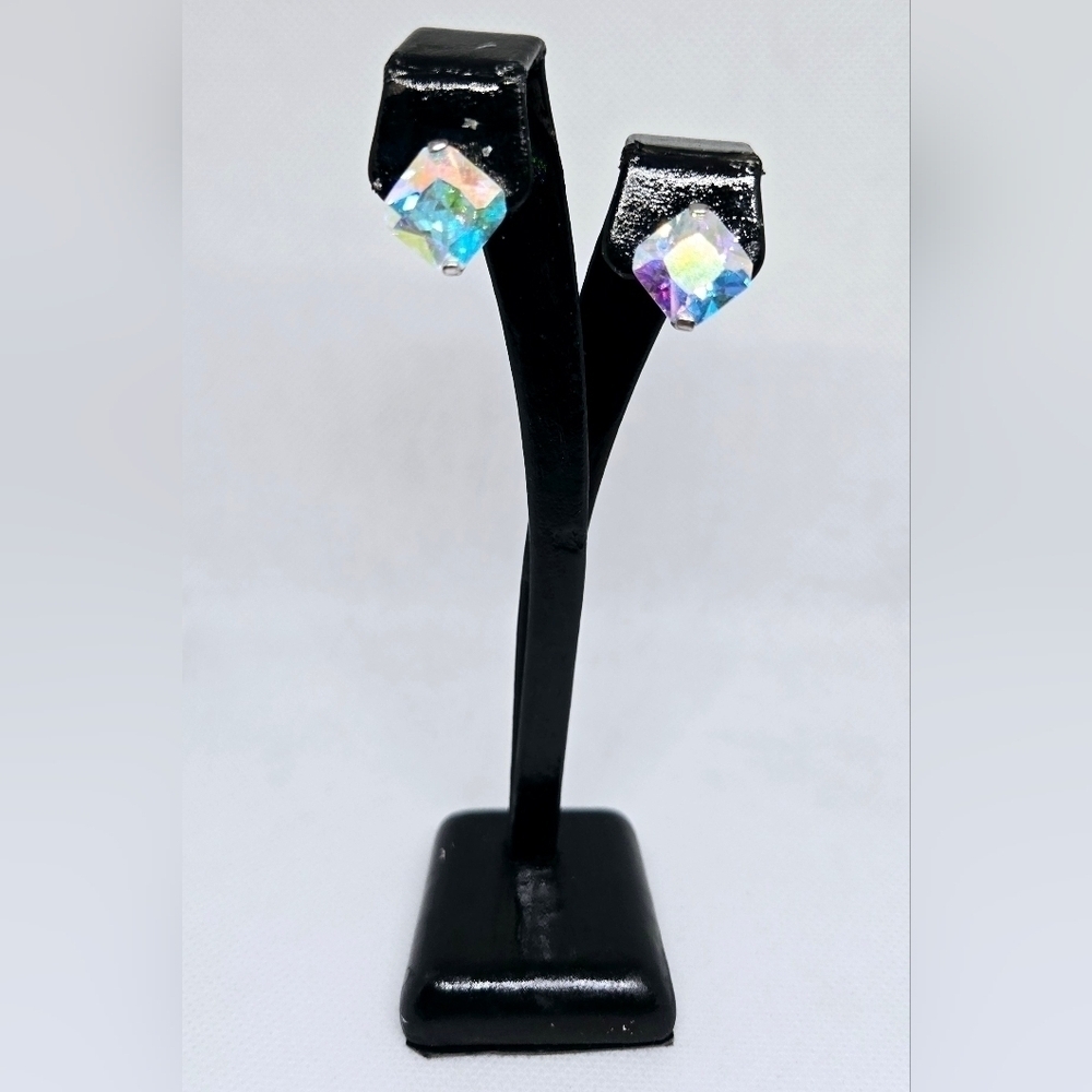 Iridescent Aurora Borealis Crystal Square Stud Earrings Silver Tone